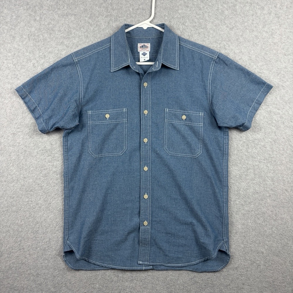 Non Stock MFG Shirt Mens Medium Blue Chambray Workwear Retro Cat Eye Button Up